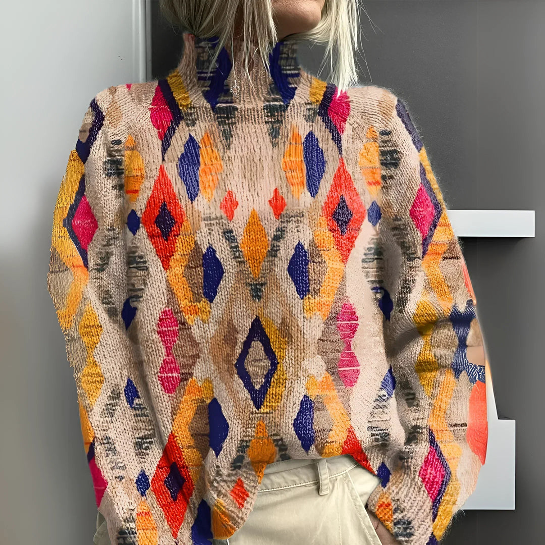 CLAIRE™ | Geometric Diamond Knit Turtleneck Sweater